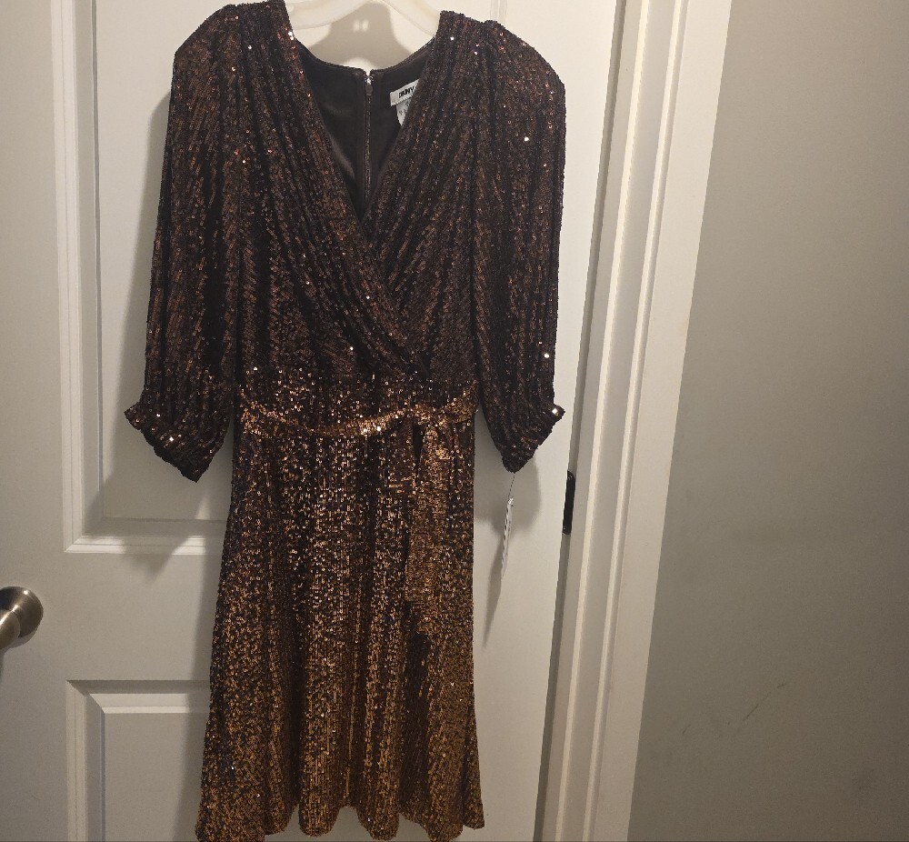 DKNY Two-Tone Bronze Sequin Wrap Midi Dress - Picture 4 of 16